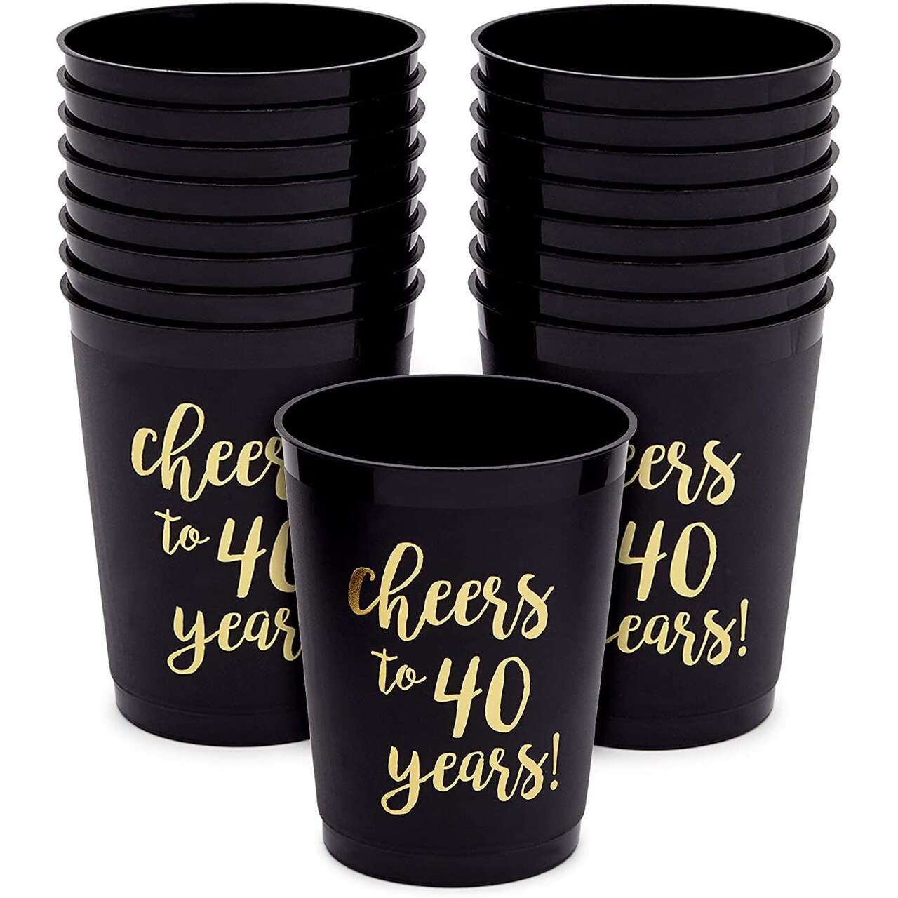 16 Pack Cheers to 40 Years Plastic Party Cups - 40th Birthday Decorations for Men and Women, Anniversaries (Black, 16 oz)